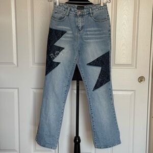 Light Blue Jeans with Black Lace Design and Star and Rock Rhinesones
